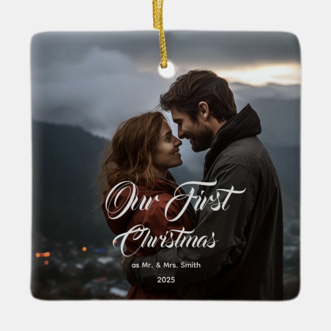 Ornamento De Cerâmica Our First Christmas Together Mr & Mrs Photo (Frente)