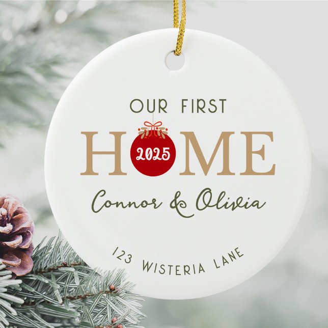 Ornamento De Cerâmica Our First Home Personalized Names Address Year (Our first home personalized Christmas ornament custom names address year minimalist housewarming)