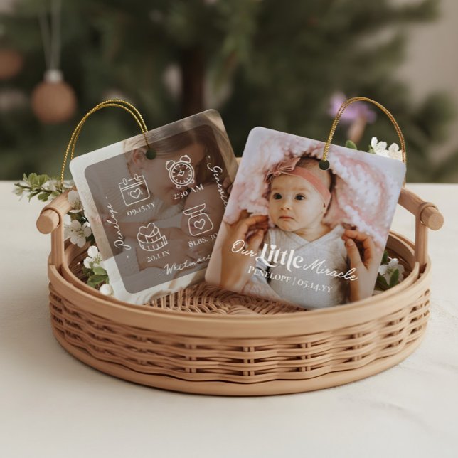 Ornamento De Cerâmica Our Little Miracle Baby Birth Stats Photo Keepsake (Our Little Miracle Baby Birth Stats Photo Keepsake Ceramic Ornament)