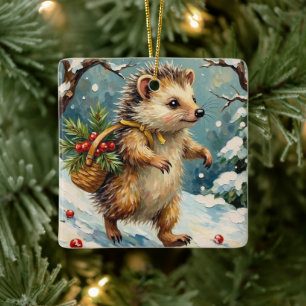 Ornamento De Cerâmica Ouriço Antigo com Cesta de Frutas de Natal