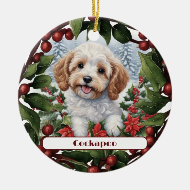Ornamento De Cerâmica Ouro animado Cockapoo Puppy Natal (Frente)
