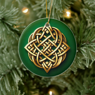 Ornamento De Cerâmica Ouro Celtic Knot on Green