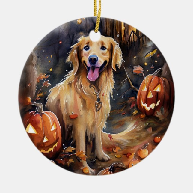 Ornamento De Cerâmica Ouro De Halloween Retriever Com Pumpkins Assustado (Frente)