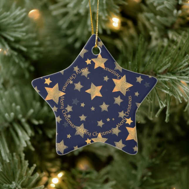 Ornamento De Cerâmica Ouro de Natal Stars Marinho Clássico Elegante Azul (Árvore)