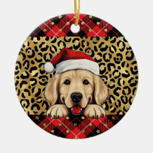 Ornamento De Cerâmica Ouro de Nome Personalizado Cão de Retriever Santa
