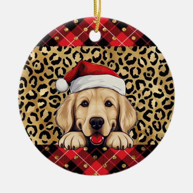 Ornamento De Cerâmica Ouro de Nome Personalizado Cão de Retriever Santa  (Frente)