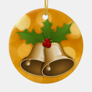 Ornamento De Cerâmica Ouro de sinos de Natal e Holly Ornament