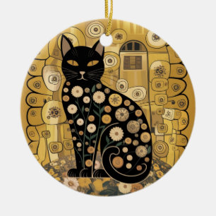 Ornamento De Cerâmica Ouro Decorativo Gustav Klimt Estilo preto de Gato