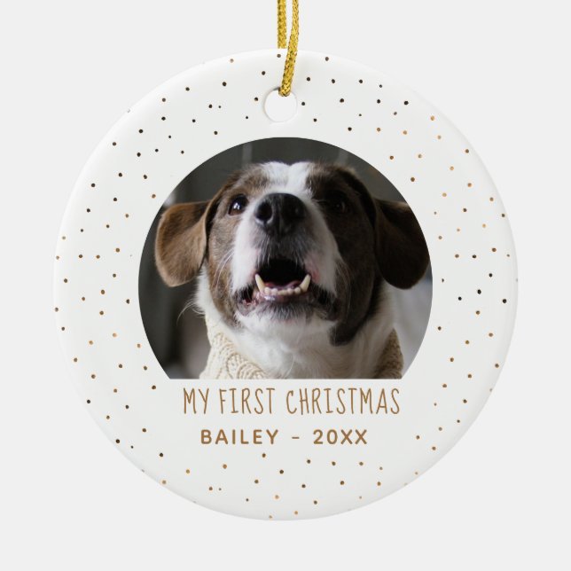 Ornamento De Cerâmica Ouro Feriado Neve Minha Primeira Pet De Natal (Frente)