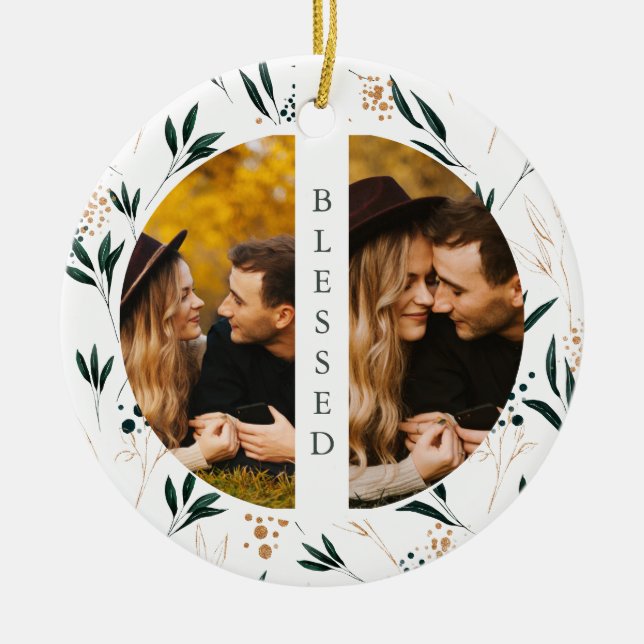 Ornamento De Cerâmica Ouro Greenerescente Abençoada Tipografia Duas Foto (Frente)