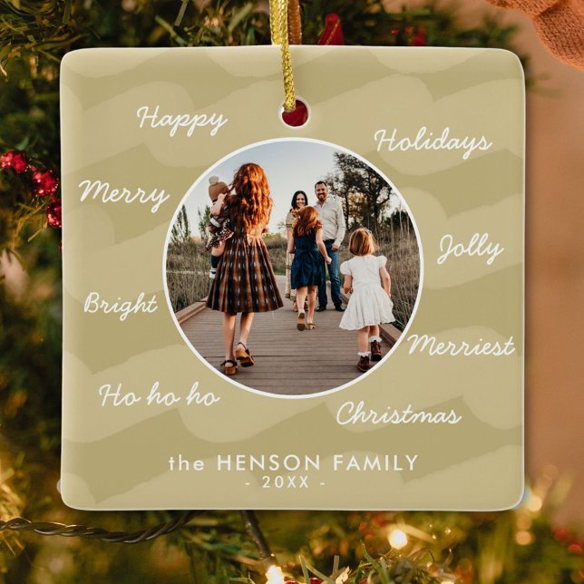 Ornamento De Cerâmica Ouro Moderno Natal Deseja Foto da Família (Criador carregado)