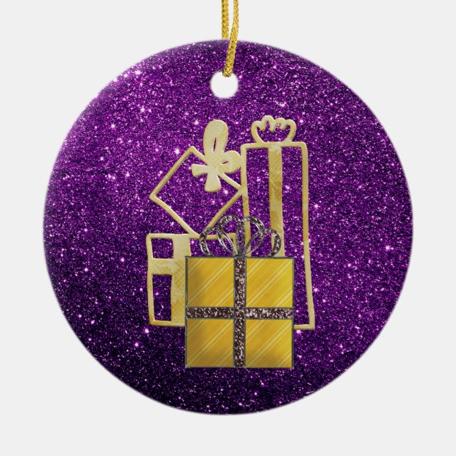 Ornamento De Cerâmica Ouro Natal Apresenta Glitter Purple Faux (Frente)