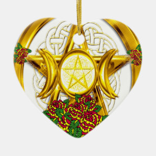 Ornamento De Cerâmica Ouro pagão do Pentacle de Wiccan com rosas
