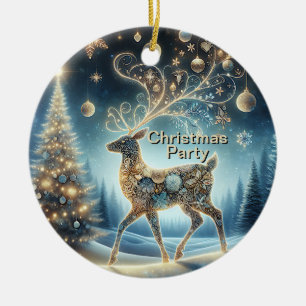Ornamento De Cerâmica Ouro Reindeer Natal Azul Céu Bela