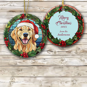 Ornamento De Cerâmica Ouro Retriever Holly Berry Wreath