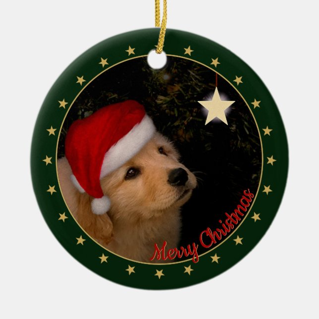 Ornamento De Cerâmica Ouro Retriever Puppy com Santa Hat (Frente)