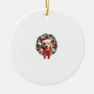 Ornamento De Cerâmica Ouro Retriever Wreath de Natal Xmas