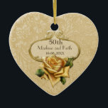 Ornamento De Cerâmica Ouro Rosa 50º aniversário de casamento<br><div class="desc">Elegante 50º Aniversário de Casamento,  mantém o nome. Lindo fundo de ouro floral damasco com ouro sotaque. Rosa de ouro adorável por baixo. Personalizar o nome e o texto da data.</div>