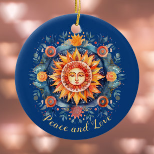 Ornamento De Cerâmica Ouro Sun e Floral Mandala Peace and Love Blue