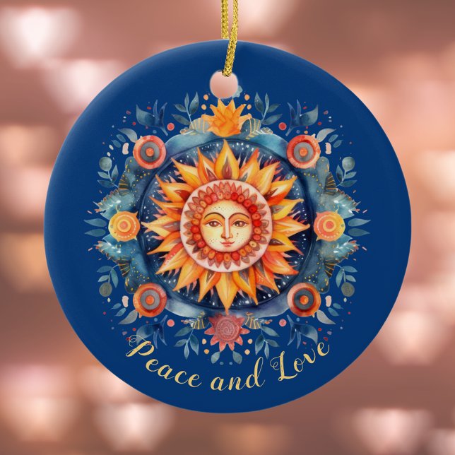 Ornamento De Cerâmica Ouro Sun e Floral Mandala Peace and Love Blue (Criador carregado)