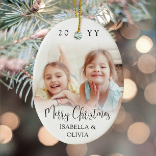 Ornamento De Cerâmica Oval de Fotos de Natal Moderno e Tendência com Let