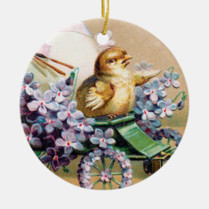 Ornamento De Cerâmica Ovo de Páscoa Antigo Pintinho Floral Flores