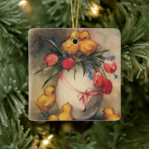 Ornamento De Cerâmica Ovos de Páscoa Vintage, Ovo com Flores de Tulipa V