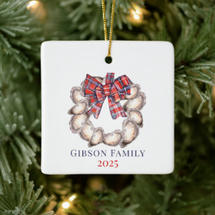 Ornamento De Cerâmica Oyster Wreath Natal   Fita Xadrez   Personalizado