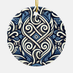 Ornamento De Cerâmica Padrão branco e azul grego moderno