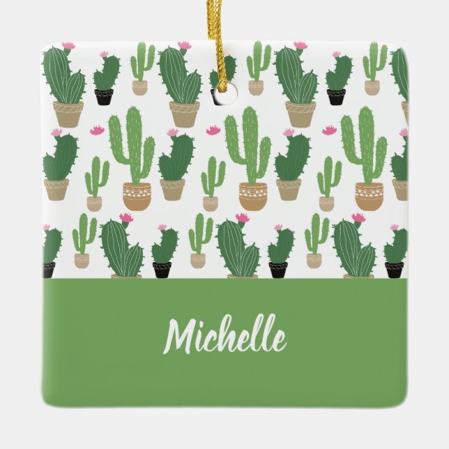 Ornamento De Cerâmica Padrão Cactus Cute Monograma (Frente)