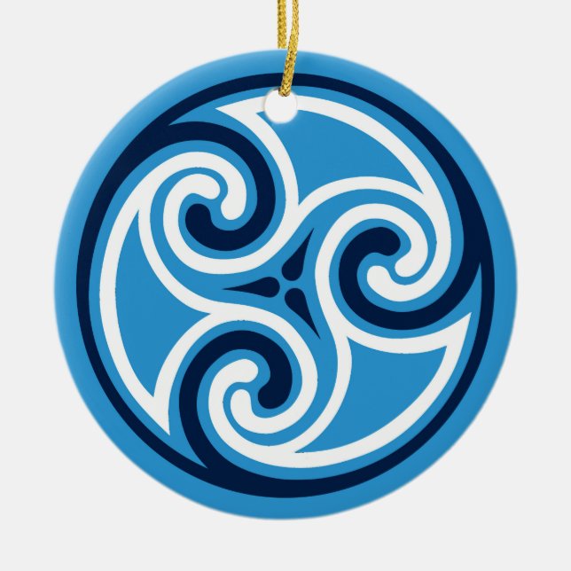 Ornamento De Cerâmica Padrão Celtic Triskele, Azul-Céu e Branco (Frente)