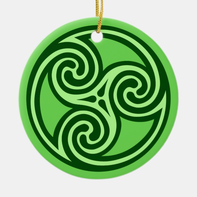 Ornamento De Cerâmica Padrão Celtic Triskele, Limão e Verde Escuro (Frente)