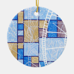 Ornamento De Cerâmica Padrão de abstrato branco azul, estrelas e quadra