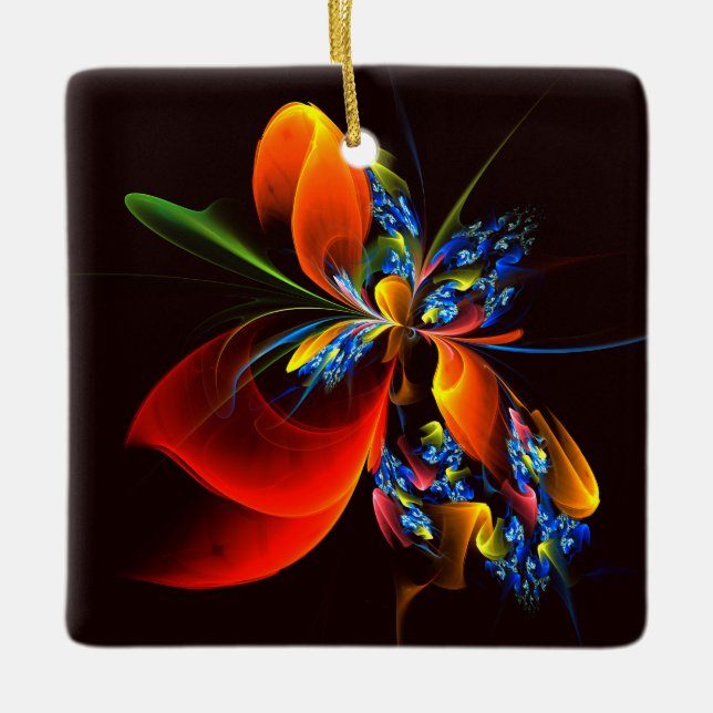 Ornamento De Cerâmica Padrão de Abstrato de Arte Floral Azul Laranja Mod (Frente)