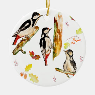 Ornamento De Cerâmica Padrão de aquarela com pica-pau