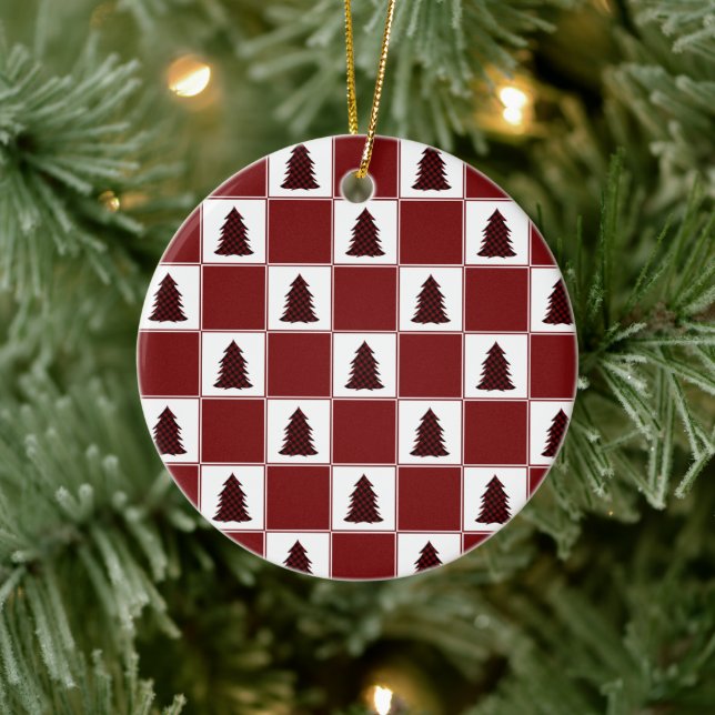 Ornamento De Cerâmica Padrão de Árvore de Natal da Xadrez Vermelha Moder (Árvore)