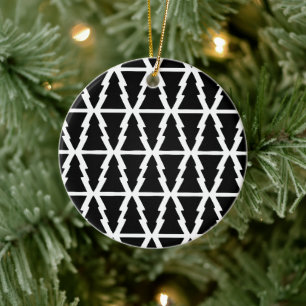 Ornamento De Cerâmica Padrão de árvore de Natal preto e branco minimalis