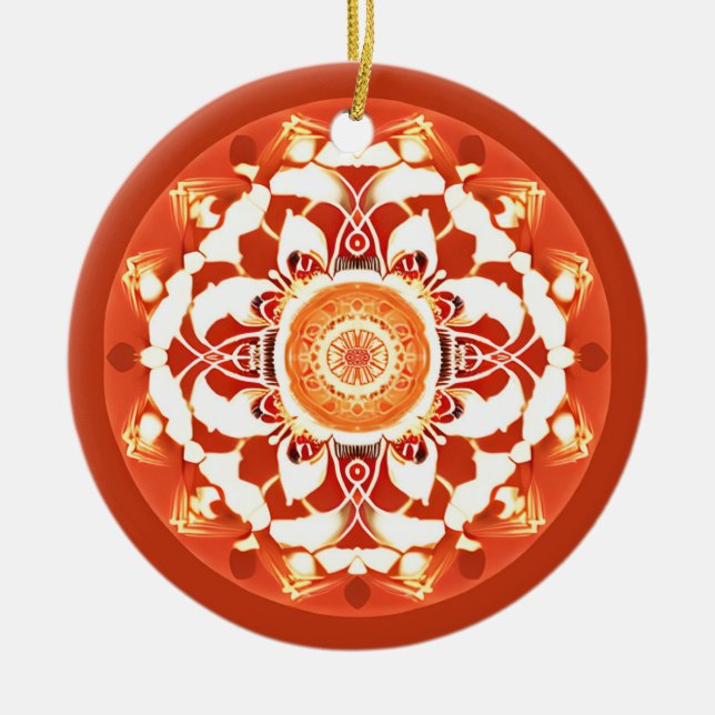 Ornamento De Cerâmica Padrão de Batik Mandala em Vermelho Ruivo (Frente)