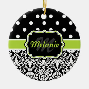 Ornamento De Cerâmica Padrão de Bolinhas de Damask Verde Preto
