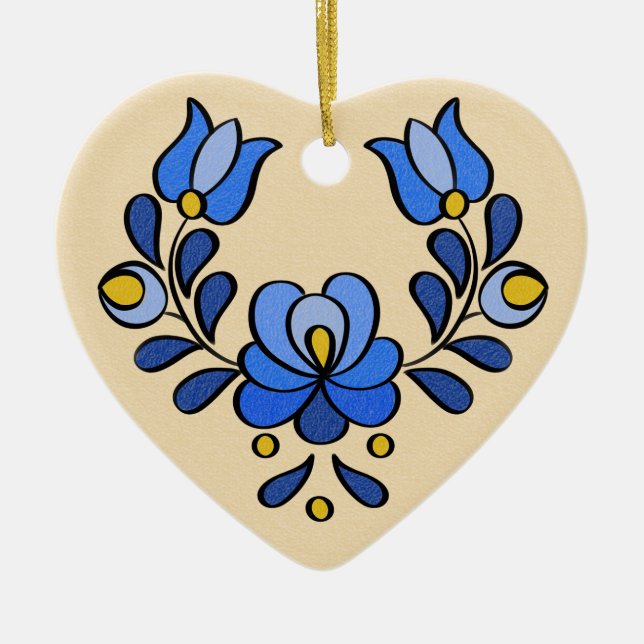 Ornamento De Cerâmica Padrão de bordado húngaro, "Matyó" - azul (Frente)