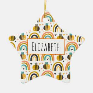 Ornamento De Cerâmica Padrão de Bumble Bee e Rainbows
