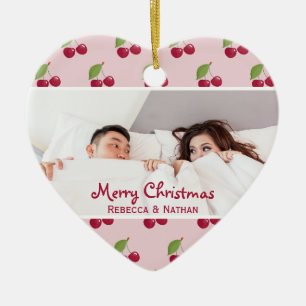 Ornamento De Cerâmica Padrão de Cereja Fofa Foto Personalizada Natal