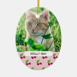 Ornamento De Cerâmica Padrão de Cereja Fofo Foto de Gato Personalizada