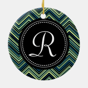 Ornamento De Cerâmica Padrão de Chevron Azul Preto Monograma