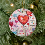 Ornamento De Cerâmica Padrão de Corações Cômicos e Letras de Amor<br><div class="desc">Ornamento com um padrão caprichoso. Escrivores e rabiscos no estilo do livro. Corações vermelhos e cor-de-rosa e várias letras e envelopes espalhados por toda a parte.</div>