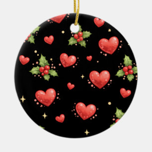 Ornamento De Cerâmica Padrão de Corações de Natal e Azevinho