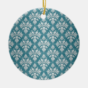 Ornamento De Cerâmica Padrão de Damasco Floral Turquesa e Branco