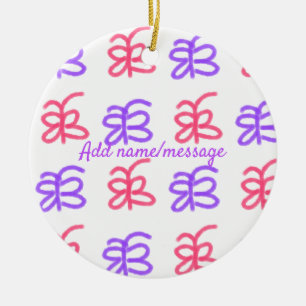 Ornamento De Cerâmica Padrão de desenho de borboleta rosa roxa com texto