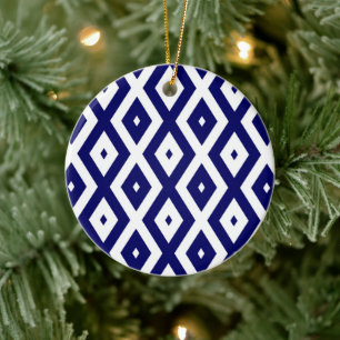 Ornamento De Cerâmica Padrão de diamante branco e azul-marinho