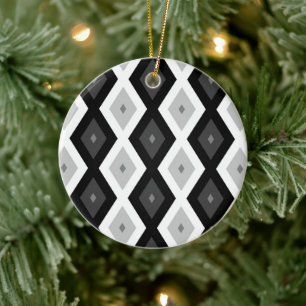 Ornamento De Cerâmica Padrão de diamante preto, branco e cinza
